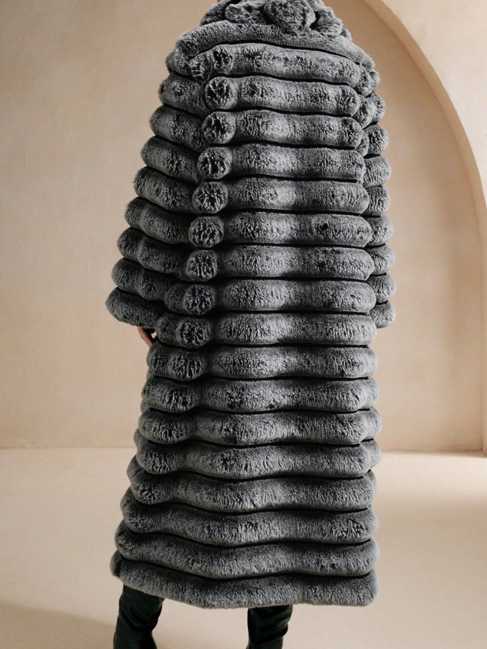Black And White Plain Women's Fuzzy Single-Breasted Long Coat - Picture 2 of 8